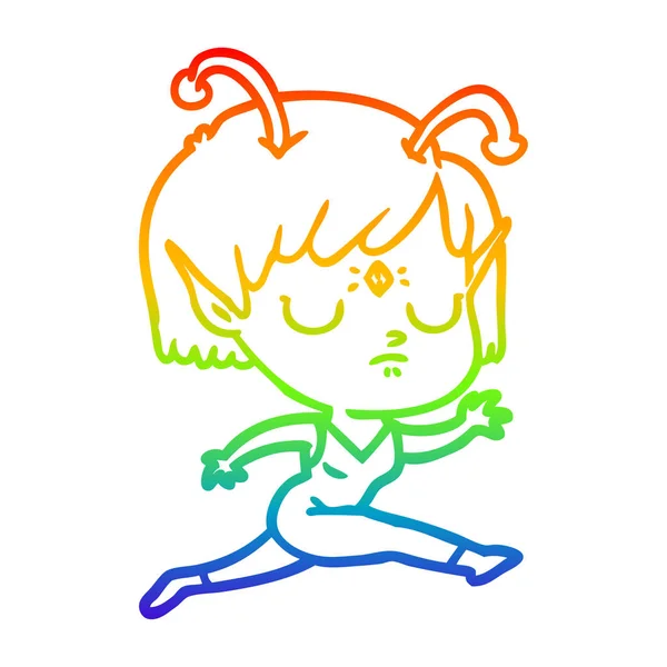 Rainbow gradient linje ritning tecknad Alien Girl — Stock vektor