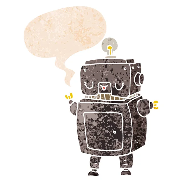 Cartoon robot and speech bubble in retro textured style — Stock Vector