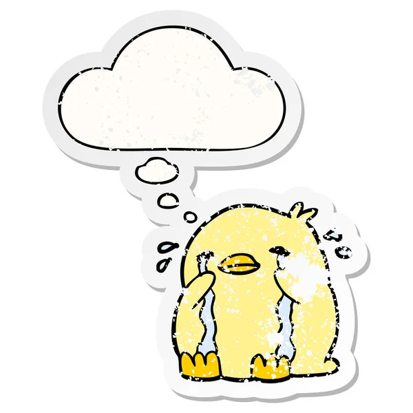 Karikatur eines weinenden Vogels und einer Gedankenblase als verzweifelter verschlissener Stich — Stockvektor