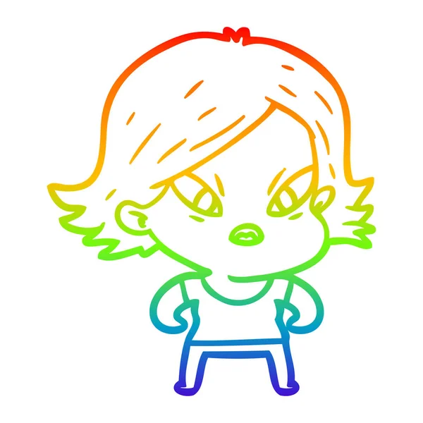Regenboog gradiënt lijntekening cartoon beklemtoonde vrouw — Stockvector