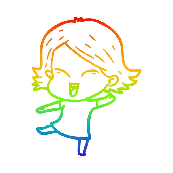 Regenboog gradiënt lijntekening gelukkig cartoon meisje — Stockvector