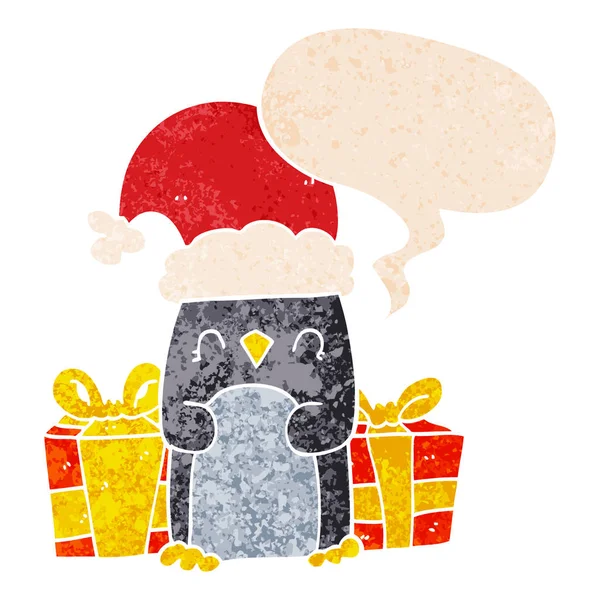 Bonito pinguim de Natal e bolha de fala em estilo retro texturizado —  Vetores de Stock