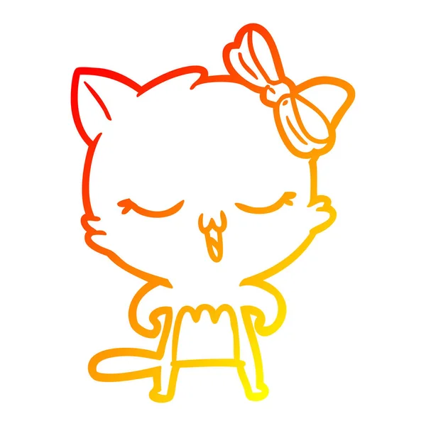 Varm gradient linje ritning tecknad katt med rosett på huvudet — Stock vektor
