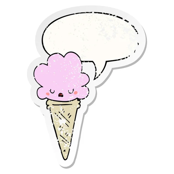 Desenho animado sorvete e rosto e fala bolha adesivo angustiado — Vetor de Stock