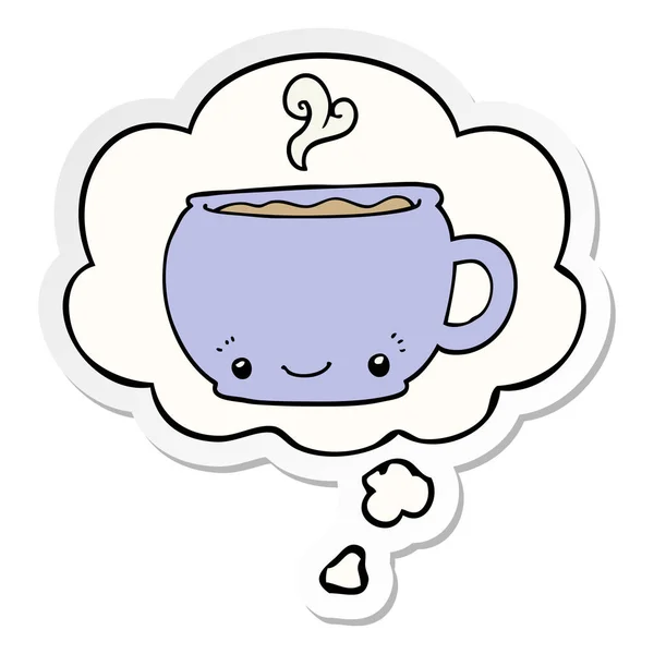Taza de café caliente de dibujos animados y burbuja de pensamiento como una pegatina impresa — Archivo Imágenes Vectoriales