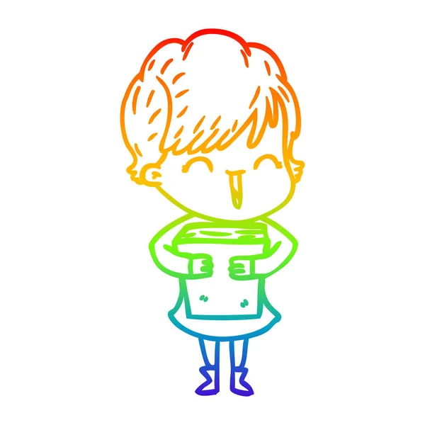 Regenboog gradiënt lijntekening cartoon lachende vrouw — Stockvector