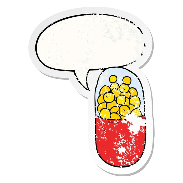 Cartoon pil en toespraak bubble noodlijdende sticker — Stockvector