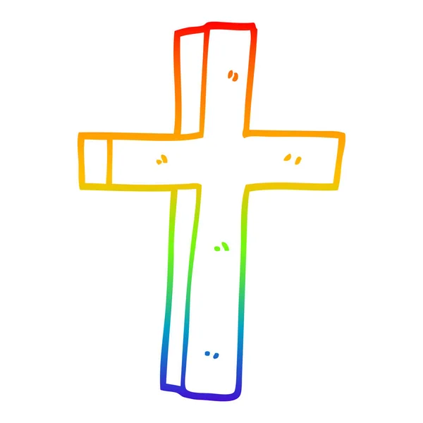 Regenboog kleurovergang lijntekening cartoon houten kruis — Stockvector