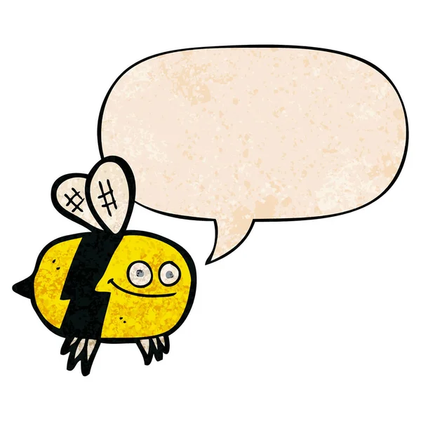 Cartoon Bee en toespraak bubble in retro textuur stijl — Stockvector