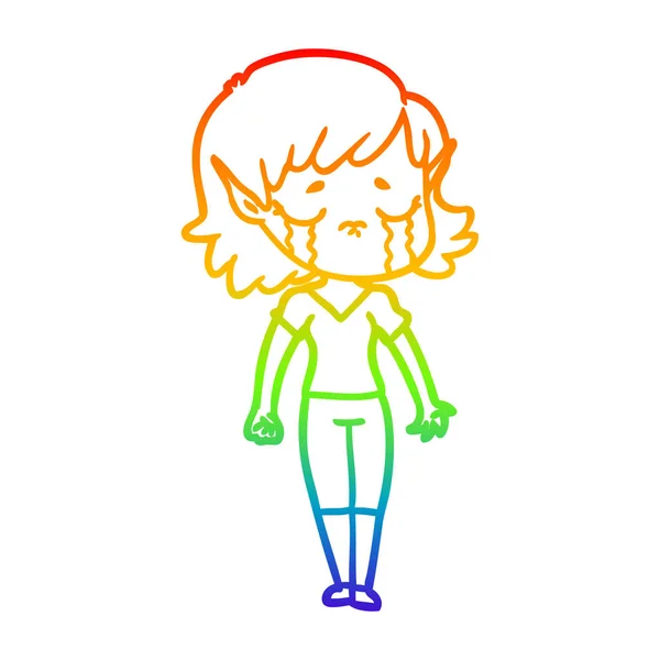 Rainbow gradient line drawing crying cartoon elf girl — Stock Vector