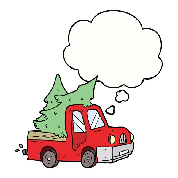 Kreskówka pickup ciężarówki przewożących drzew i myśli bańki — Wektor stockowy