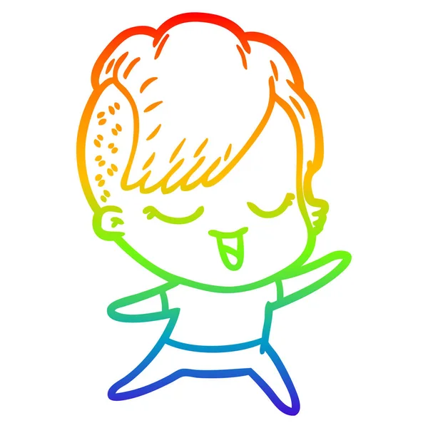 Rainbow gradient line drawing happy cartoon girl — Stock Vector
