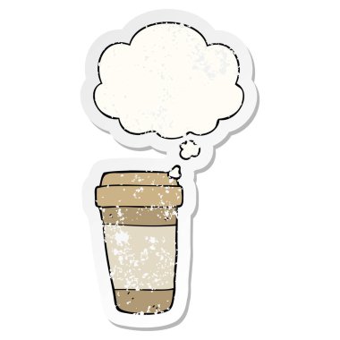 karikatür kahve fincanı ve sıkıntılı bir yıpranmış sopa olarak kabarcık düşünce