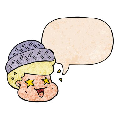 retro doku tarzında şapka ve konuşma balonu giyen karikatür çocuk