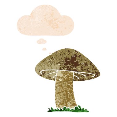 retro dokulu tarzında karikatür mantar ve düşünce balonu