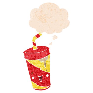retro dokulu tarzında sevimli karikatür soda ve düşünce balonu
