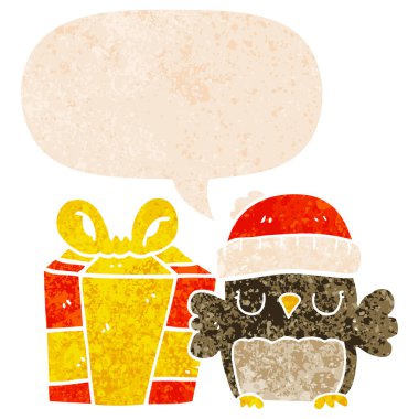 retro dokulu tarzı sevimli noel baykuş ve konuşma balonu