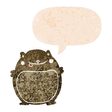 retro dokulu tarzda karikatür yağ ayı ve konuşma balonu