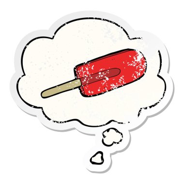 karikatür buz lolly ve sıkıntılı yıpranmış sticke olarak kabarcık düşünce