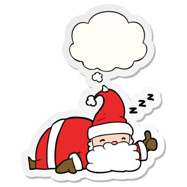 karikatür uykulu santa ve basılı bir etiket olarak kabarcık düşünce