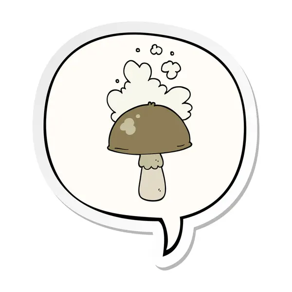 Cartoon mushroom and spore cloud and speech bubble sticker — Stock Vector