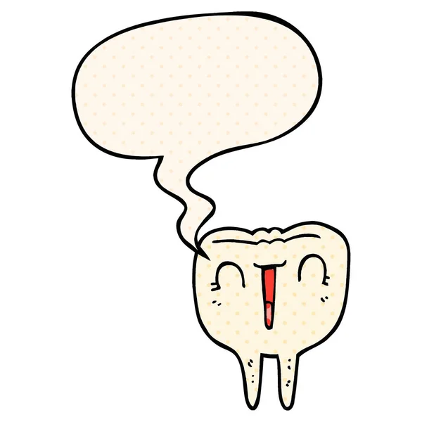 Dessin animé dent heureuse et bulle de la parole dans le style de bande dessinée — Image vectorielle
