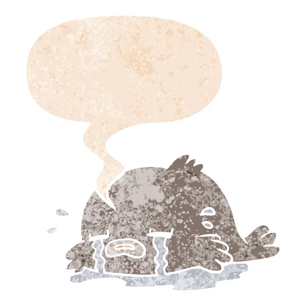 Retro dokulu tarzda karikatür ağlayan balık ve konuşma balonu — Stok Vektör