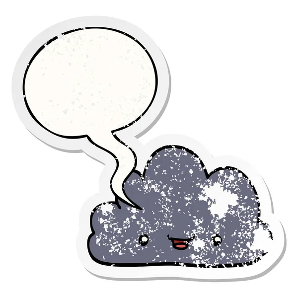 Κινούμενα σχέδια μικροσκοπικό χαρούμενο σύννεφο και ομιλία φούσκα ενοχλημένο αυτοκόλλητο — Διανυσματικό Αρχείο