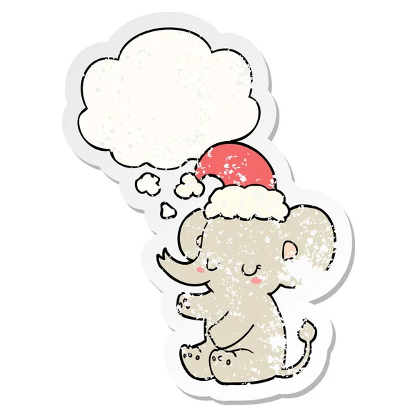 Mignon éléphant de Noël et bulle de pensée comme un usé en détresse — Image vectorielle