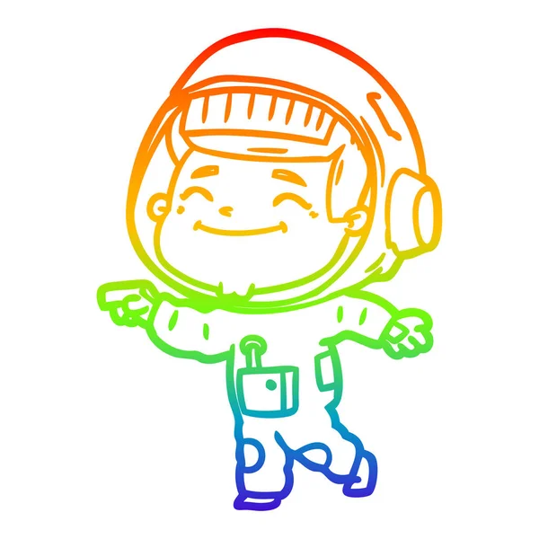 虹のグラデーションラインは幸せな漫画の宇宙飛行士を描く — ストックベクタ