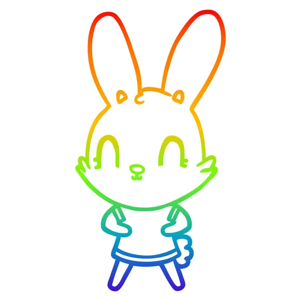 Rainbow gradient linje ritning söt tecknad kanin i klänning — Stock vektor