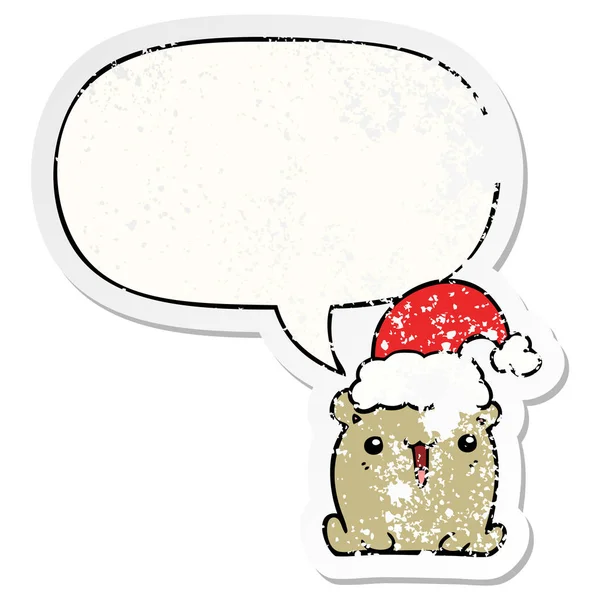 Niedlicher Cartoon-Bär und Weihnachtsmütze und Sprechblase beunruhigt — Stockvektor
