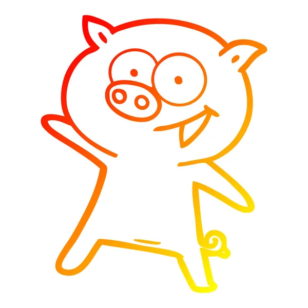 Línea de gradiente caliente dibujo alegre cerdo bailando dibujos animados — Vector de stock