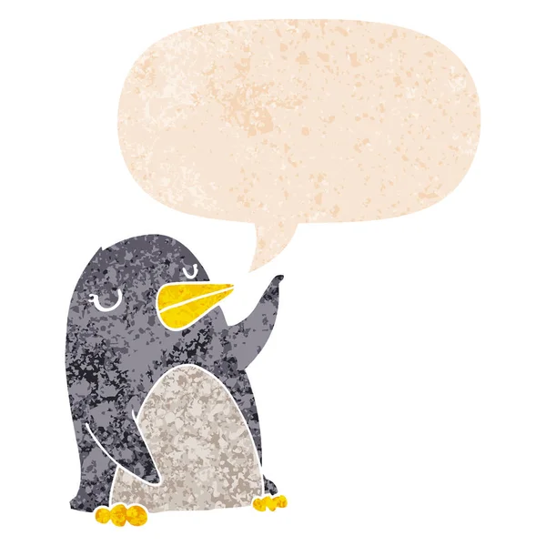 Cartoon penguin and speech bubble in retro textured style — Stock Vector