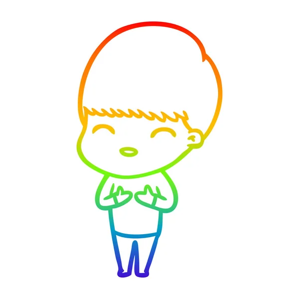 Rainbow gradient line drawing happy cartoon boy — Stock Vector