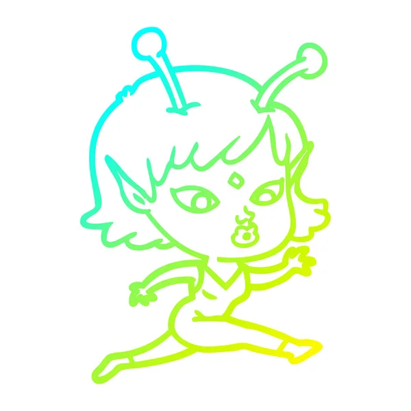 Froid dégradé ligne dessin jolie dessin animé alien fille courir — Image vectorielle