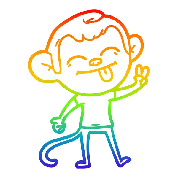 Rainbow gradient line drawing funny cartoon monkey making peace — Stock Vector