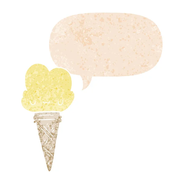 Crème glacée dessin animé avec visage et bulle d'expression en texturé rétro — Image vectorielle