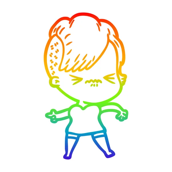 虹のグラデーションライン描画漫画迷惑ヒップスターの女の子 — ストックベクタ