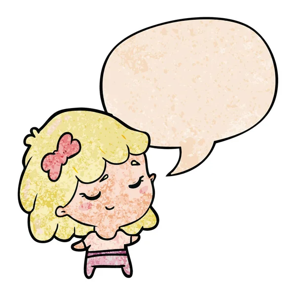 Cute cartoon happy girl and speech bubble in retro texture style — Stock Vector