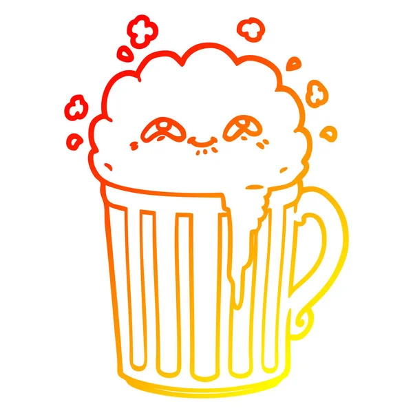 Warm gradient line drawing happy cartoon mug of beer — Stock Vector