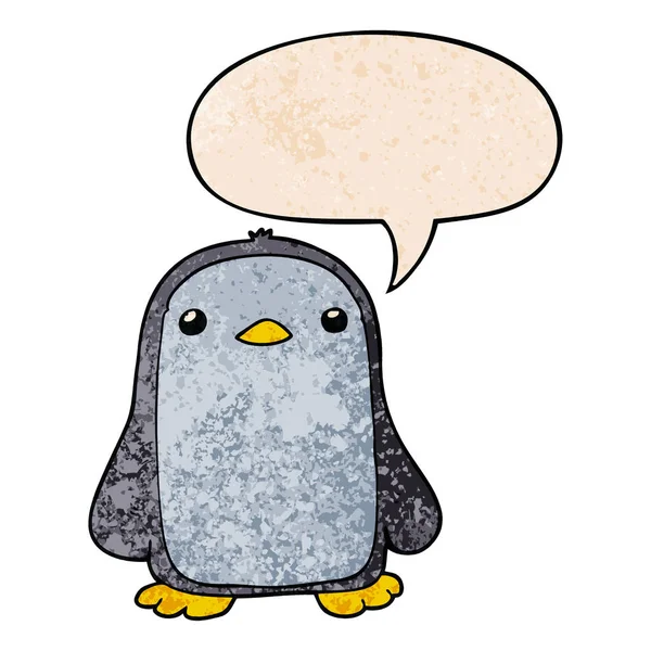 Lindo pingüino de dibujos animados y burbuja del habla en estilo de textura retro — Archivo Imágenes Vectoriales