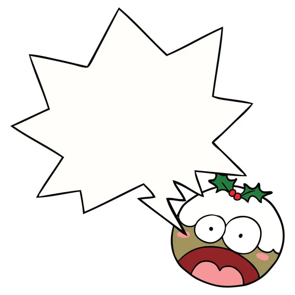 Pudín de Navidad de dibujos animados y la cara impactada y burbuja del habla — Vector de stock