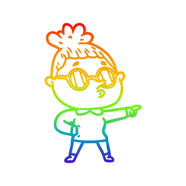 Rainbow gradient linje ritning tecknad kvinna som bär glasögon — Stock vektor