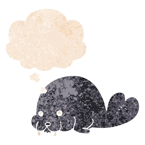 Милый мультяшный морж и мысли пузырь в ретро текстурированный стиль — стоковый вектор