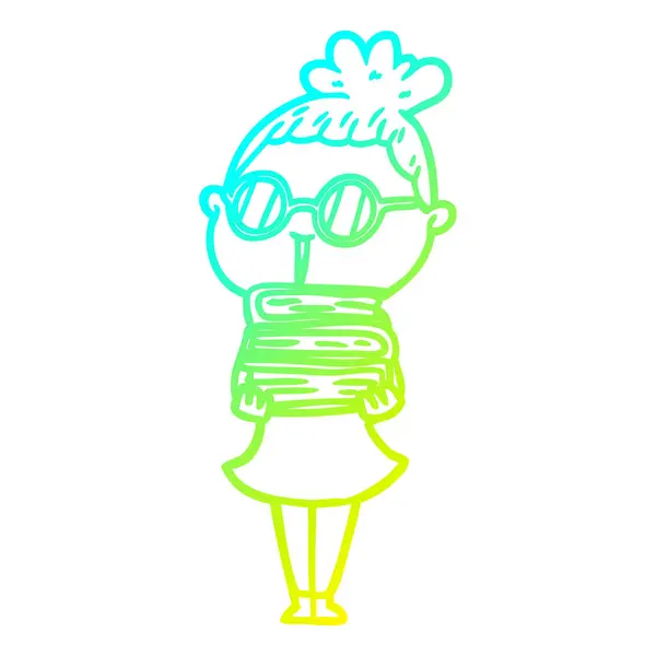 Linea gradiente freddo disegno fumetto donna indossare occhiali — Vettoriale Stock
