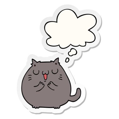 mutlu karikatür kedi ve basılı bir etiket olarak kabarcık düşünce