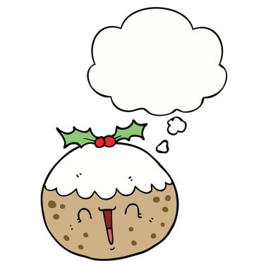 sevimli karikatür noel puding ve düşünce balonu