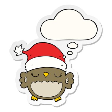 sevimli noel baykuş ve basılı bir etiket olarak kabarcık düşünce