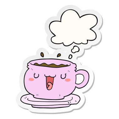 sevimli karikatür fincan ve tabak ve baskılı stic olarak düşünce balonu